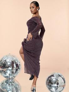 Asymmetrical Neck Shiny Long Sleeve 3D Floral Pleated Slit Party Dress - Purple - View 5