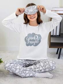 RueChic Teen Girl's Letter Printed Home Clothes Set Including Eye Mask - White - View 1