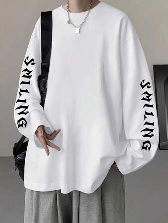 Manfinity Roghcode メンズ バケーション プリント ルーズフィット 長袖Tシャツ レターグラフィックパターン、ボーイフレンドへのギフト、秋