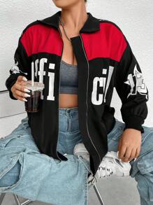 SHEIN Coolane Plus Letter Graphic Colorblock Drop Shoulder Jacket - Multicolor - View 1