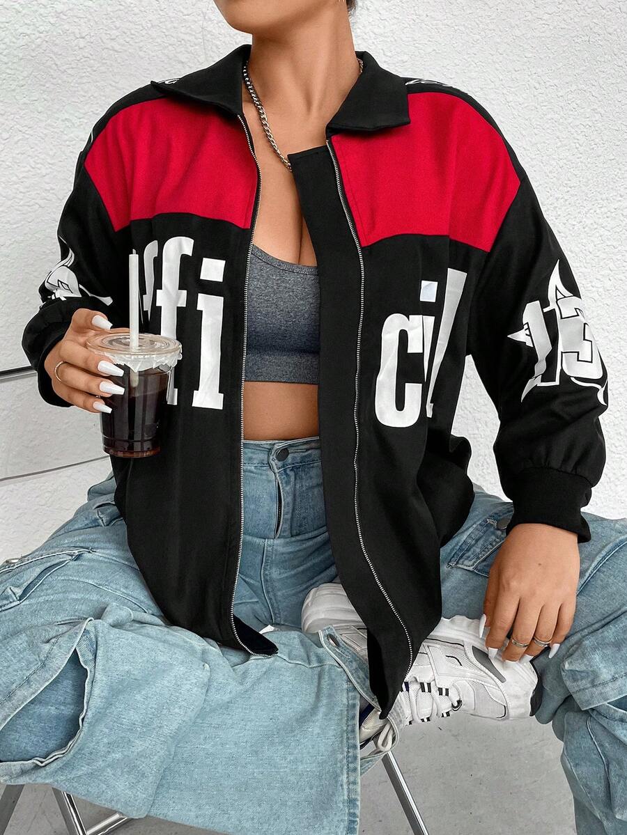 SHEIN Coolane Plus Letter Graphic Colorblock Drop Shoulder Jacket - Multicolor - View 1