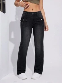 SHEIN EZwear Flap Pocket Flare Leg Jeans - Black - View 1
