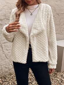 SHEIN LUNE Waterfall Collar Open Front Fuzzy Coat - Apricot - View 1