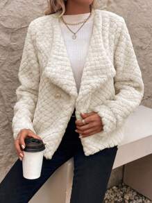 SHEIN LUNE Waterfall Collar Open Front Fuzzy Coat - Apricot - View 5