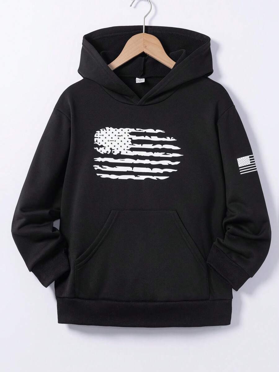 SHEIN 青少年男孩美国国旗印花袋鼠口袋卫衣 - 黑色 - 查看 1