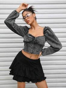 SHEINNeu High Elastic Women's Casual Denim Tops - Black - View 1