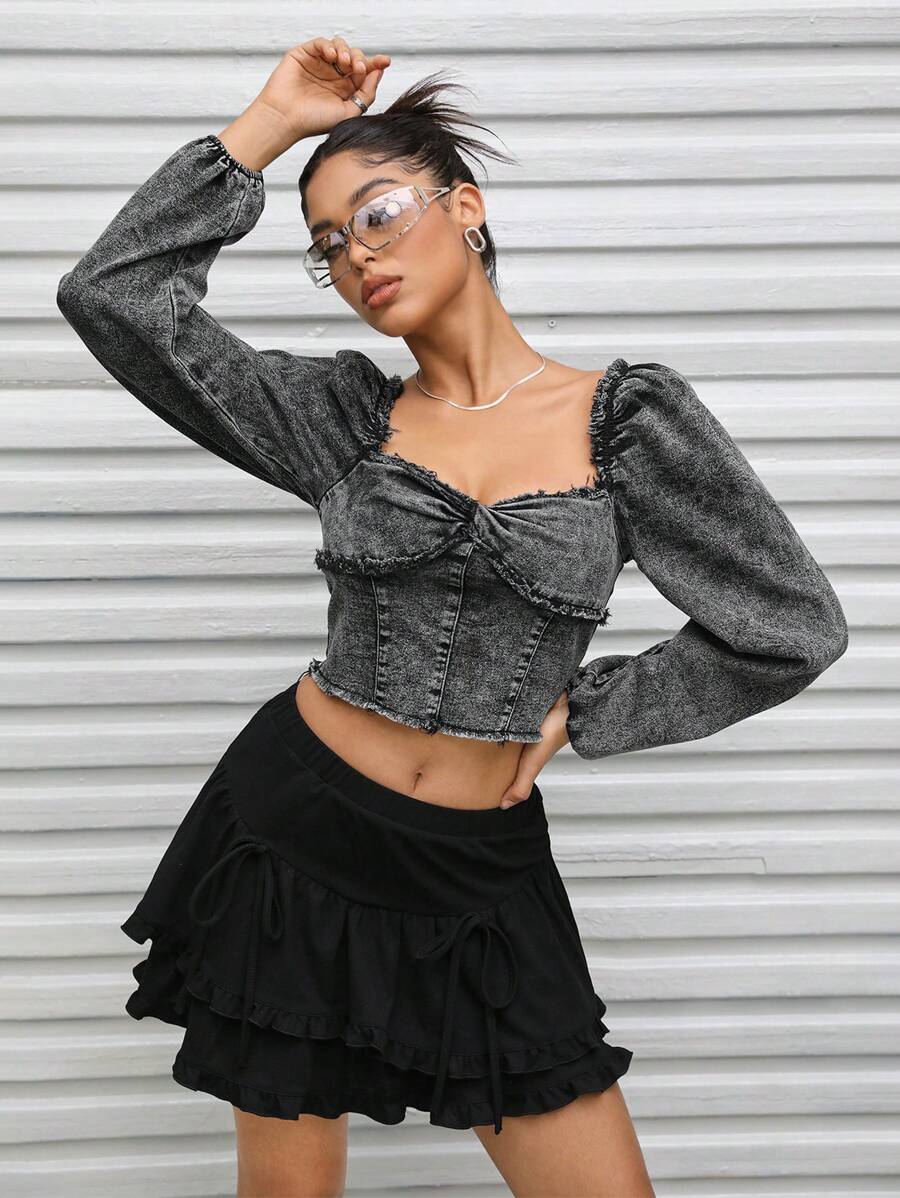 SHEINNeu High Elastic Women's Casual Denim Tops - Black - View 1