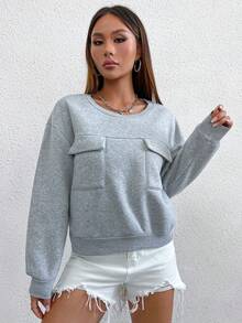SHEIN Unity Casual Solid Color Sweatshirt With Chest Pocket And Shoulder Zipper Detail - Light Grey - View 3
