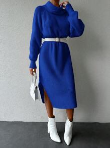 EURMUSE Women's Solid Color Cowl Neck Raglan Sleeve Sweater Dress Without Belt - Royal Blue - View 5