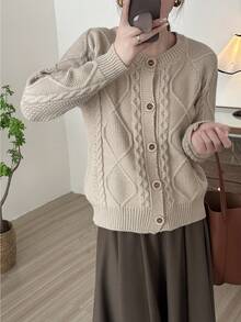 時尚圓領杏色針織開衫,適用於秋冬季節 - 杏色 - 查看 5