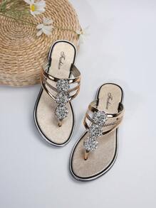 Rhinestone Detail Summer Elegant Flat Sandals - Gold - View 3