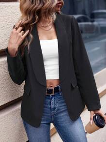 SHEIN LUNE 女裝斗篷領翻領翻蓋細節開襟西裝外套 - 黑色 - 查看 1