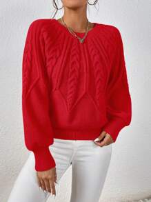 EMERY ROSE Women's Red Textured Crewneck Loose Pullover Sweater, Valentine's Day Knit Pullover Fall Winter Outfit - Red - View 6