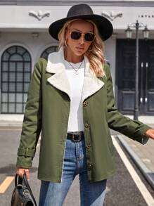 SHEIN LUNE Women'S Collared Single Breasted Thermal Lined Coat - Army Green - View 3