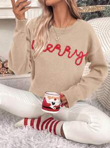 Chiquease Letter Pattern Drop Shoulder Knit Pullover Fall Winter Sweater - Khaki - View 4