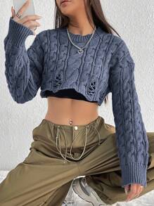 Flirla Short Textured Cable Knit & Drop Shoulder Sweater