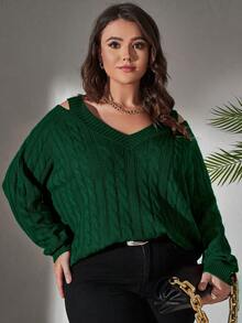 SHEIN LUNE 大碼挖肩麻花編織套頭毛衣 - 墨綠色 - 查看 6