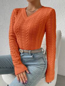 SHEIN Unity V-Neck Pullover Textured Sweater - Orange - View 5