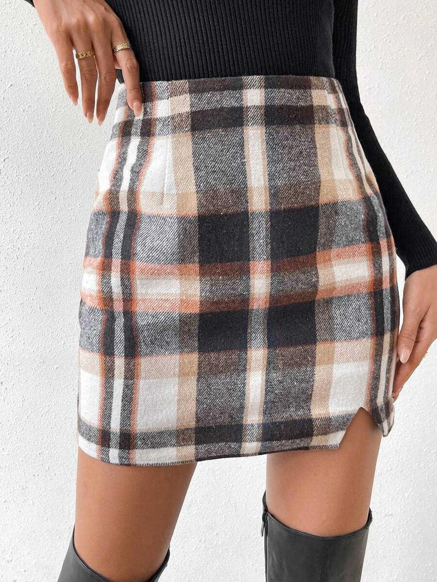 Chiquease 女士格紋分裂式下擺裙 - 彩色 - 查看 1