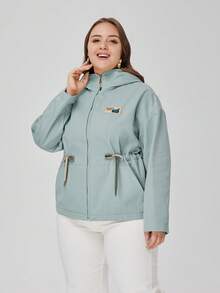 Astrid Kích thước lớn Của phụ nữ Lá thư Vá lại Eo dây rút áo có mũ Áo khoác - màu xanh lá - Xem 3