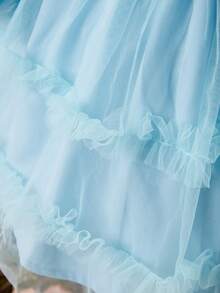 SHEIN Gorgeous, Elegant Bow Puff Sleeve Mesh Dress For Baby Girls, Suitable For Parties - Blue - View 4