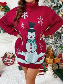 Celure Plus Christmas Snowman Pattern Turtleneck Drop Shoulder Sweater Dress - Red - View 4