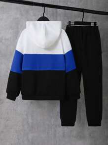 SHEIN Set de 2 piezas Sudadera con capucha holgada de color contrastante informal para niños preadolescentes + Pantalón de chándal informal de color contrastante, de felpa y grueso - azul real - Ver 2