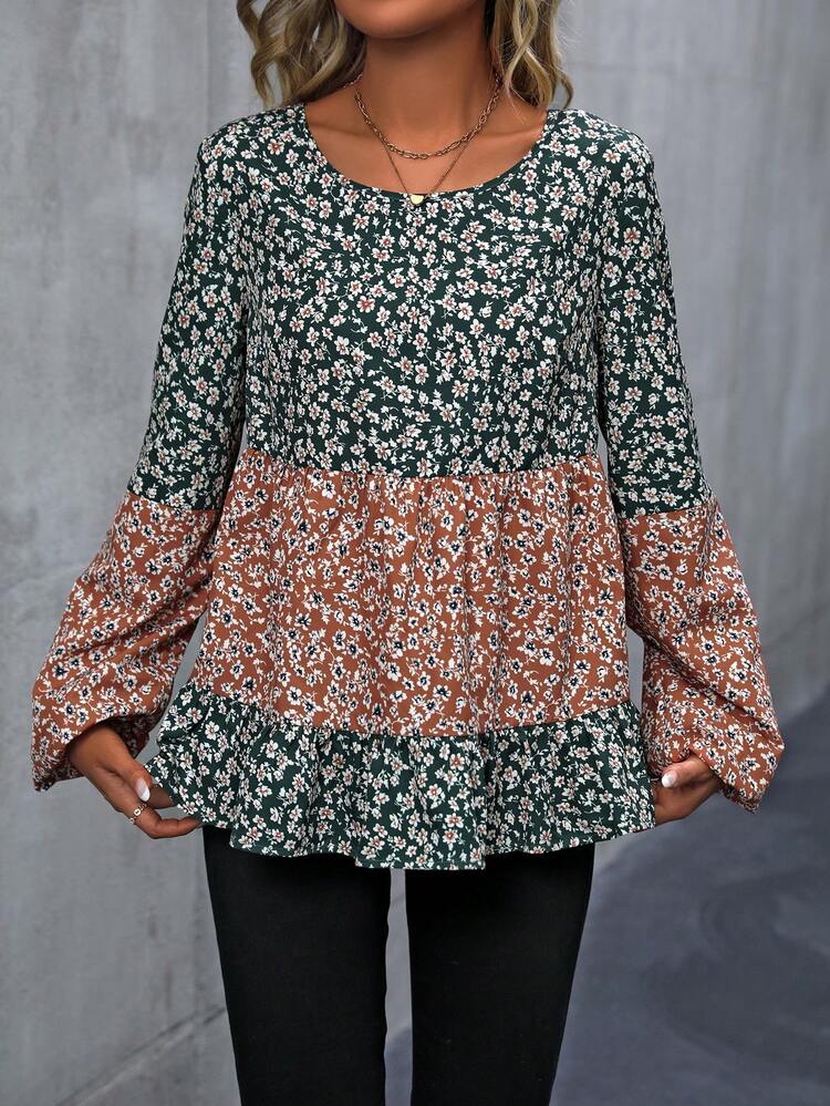 Women's Lantern Sleeve Shirt With Ditsy Floral Print And Color Contrast Fall Cloth For Women