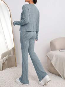SHEIN LUNE Ribbed Knit Button Front Jacket & Flare Leg Pants - Baby Blue - View 2