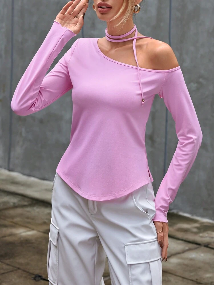 Solid Asymmetrical Neck Tee