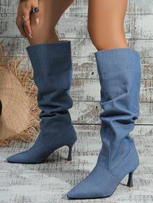 美式荒地風格女士牛仔布靴,復古牛仔靴,細高跟,尖頭,荷葉邊,寬筒/長筒靴 - 霧霾藍 - 查看 7