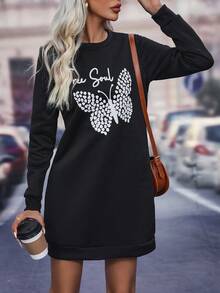 SHEIN LUNE Hoạt hình Bướm & Chữ cái Đầm nỉ - màu đen - Xem 4