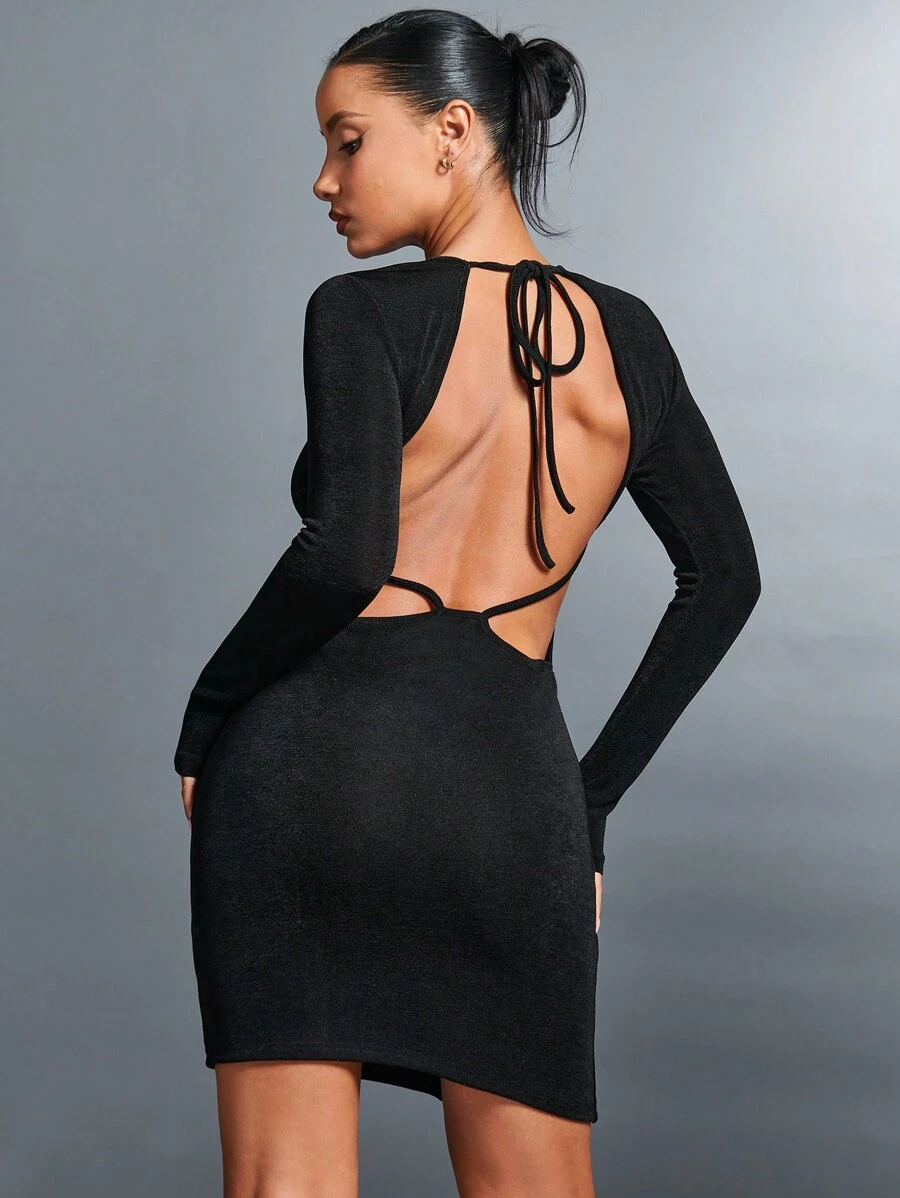 SHEIN BAE Tie Backless Bodycon Dress - Black - View 1