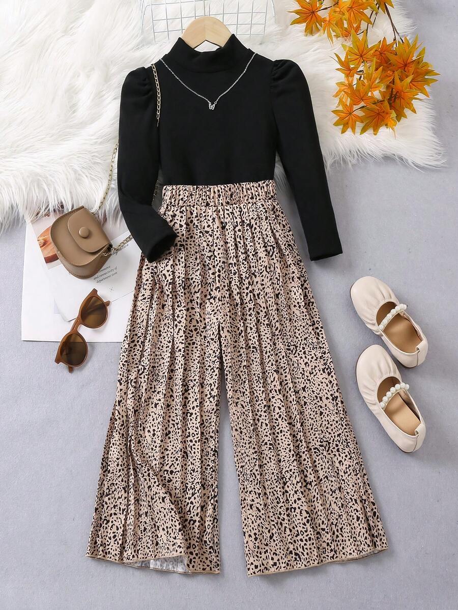 SHEIN 女孩法式泡泡袖立領上衣+百褶裙套裝 - 彩色 - 查看 1