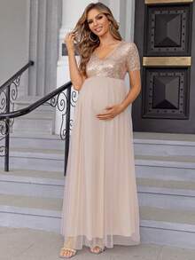Joyfunear Maternity Sequin Contrast Mesh Elegant Dress, For Party - Gold - View 6