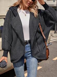 SHEIN LUNE 女士拉鍊前帽裝呢外套 - 黑色 - 查看 1