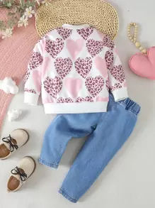 SHEIN Vintaside Kids Baby Girls' Heart & Leopard Print Sweatshirt And Jeans Set - Medium Wash - View 2