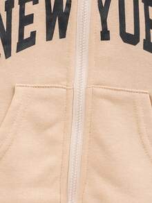 SHEIN 男嬰字母圖案拉鏈連帽衫和運動褲 - 卡其色 - 查看 4