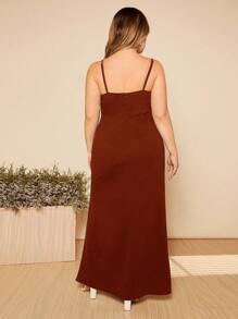 SHEIN Belle Plus Contrast Lace Split Thigh Cami Dress - Brown - View 2