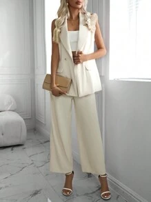 SHEIN Clasi 女款拼布荷葉邊翻領背心與西裝褲套裝 - 杏色 - 查看 4