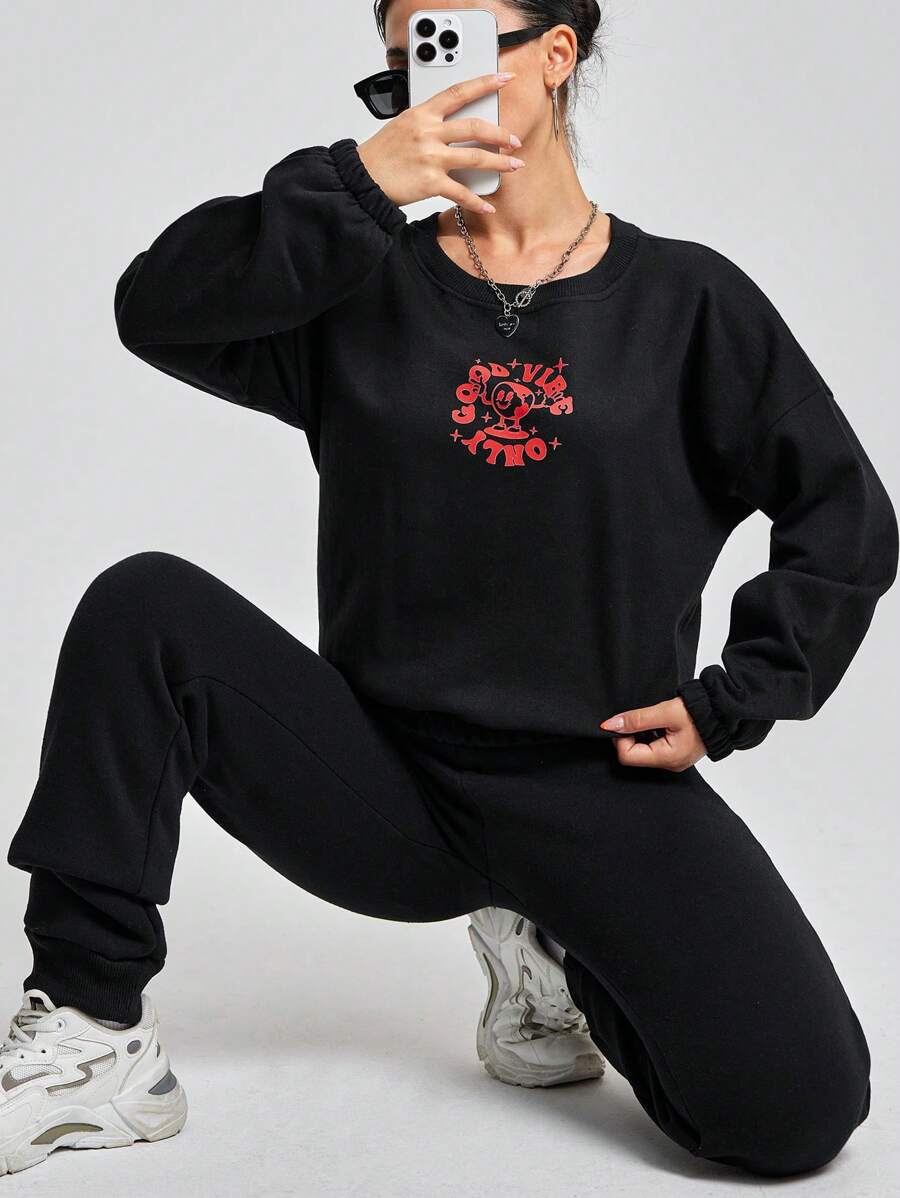 EURMUSE Women's Printed Sweatshirt And Joggers Two-piece Set - Black - View 1