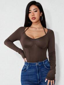 SHEIN SXY Women's Halter Neck Detail Solid Color Slim Fit Bodysuit - Chocolate Brown - View 7