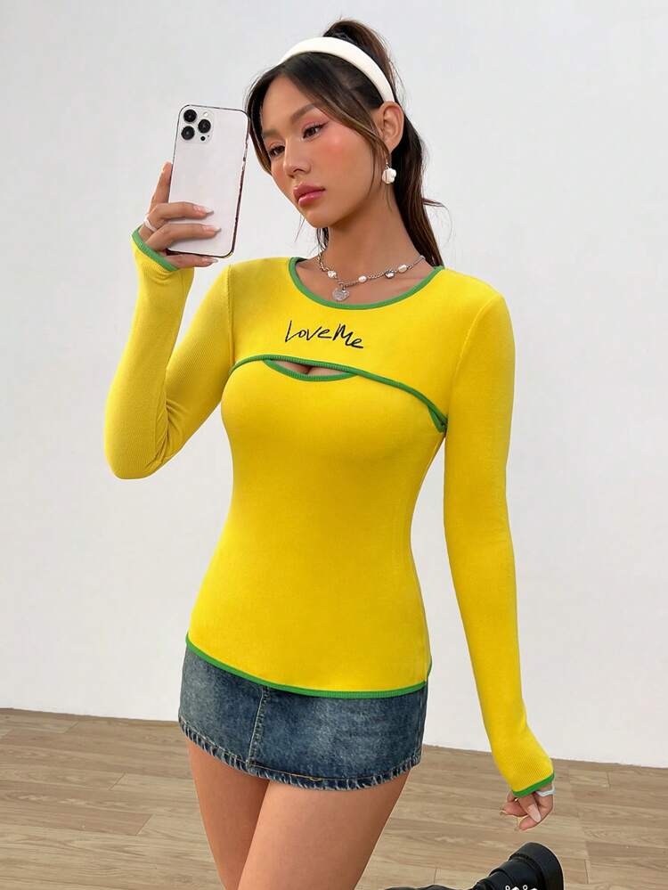 Women's Letter Embroidery Trim Long Sleeve Crop Top With Short Tank Top Set