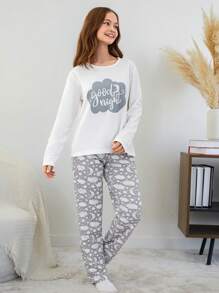 RueChic Teen Girl's Letter Printed Home Clothes Set Including Eye Mask - White - View 3