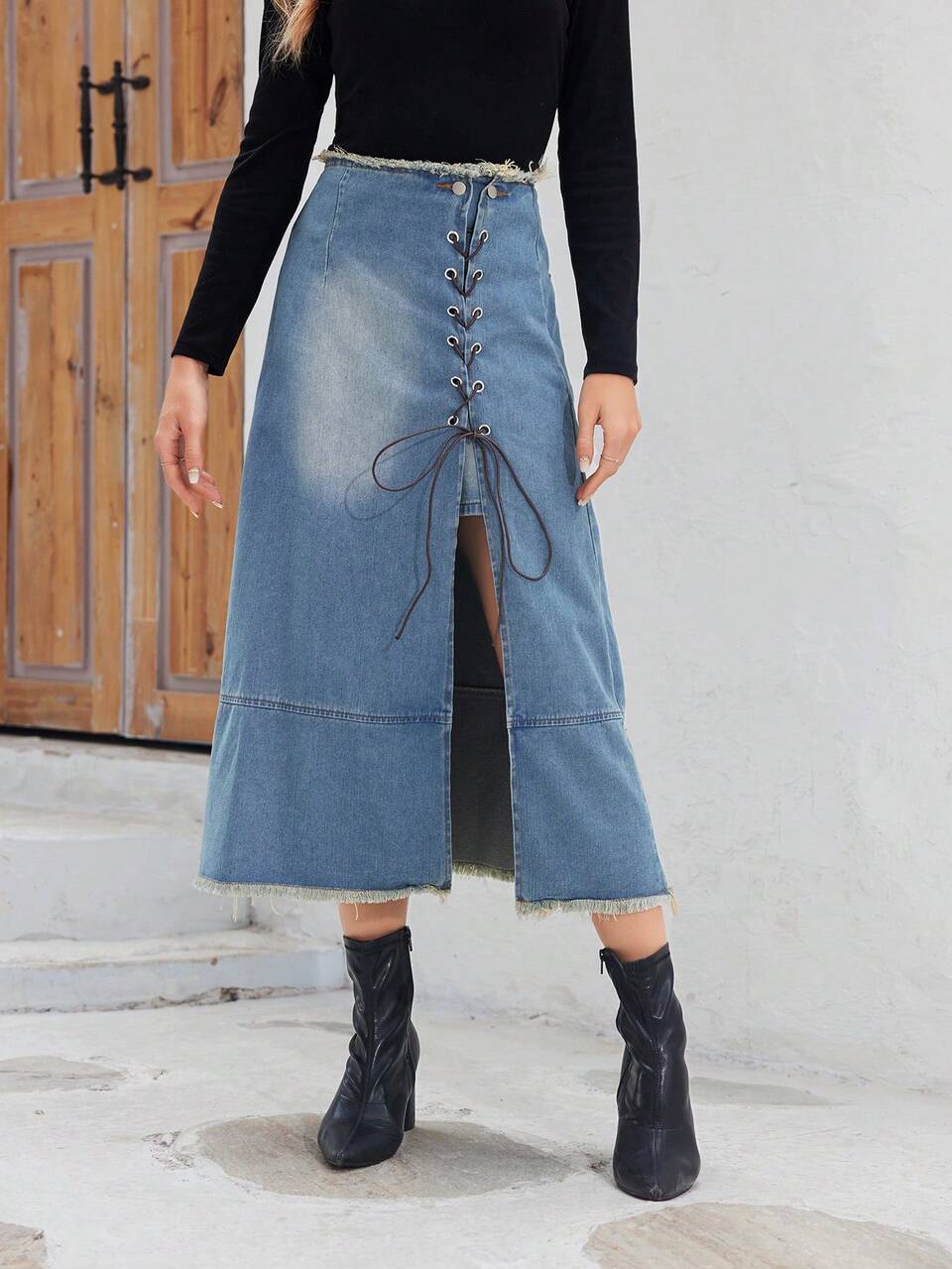 Grommet Lace Up Front Raw Trim Denim Skirt