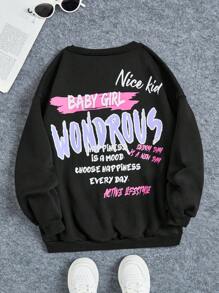 SHEIN 女大童標語圖案落肩袖運動衫 - 黑色 - 查看 1