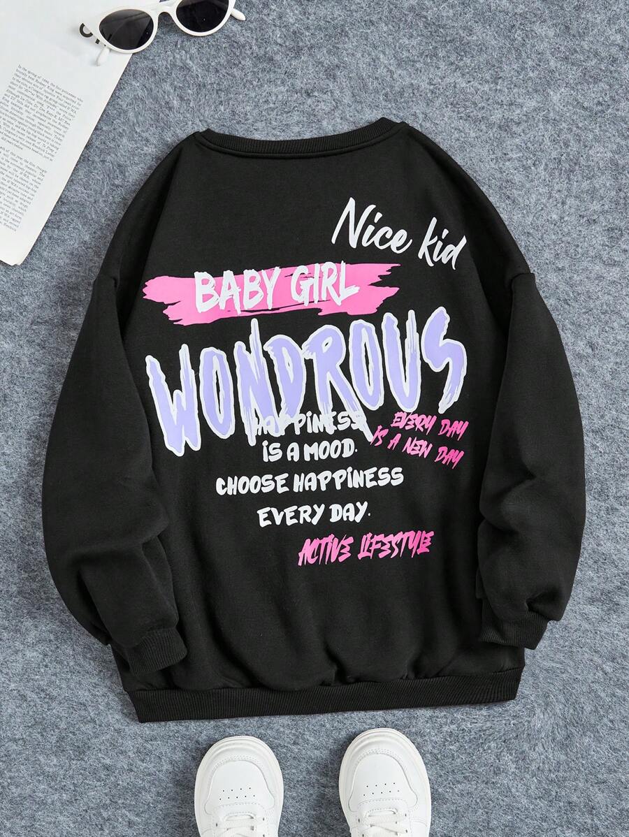 SHEIN 女大童標語圖案落肩袖運動衫 - 黑色 - 查看 1