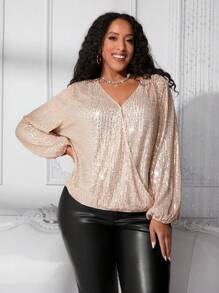 SHEIN CURVE+ Women's Plus Size Shiny Sequin Shirt - Champagne - View 1
