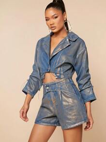 SHEIN Unity Lapel Neck Crop Metallic Denim Jacket - Gold - View 4