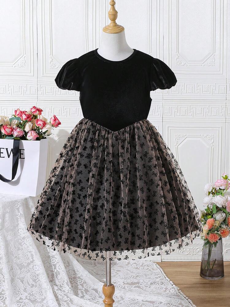 Tween Girl Mesh Bow Print Dress